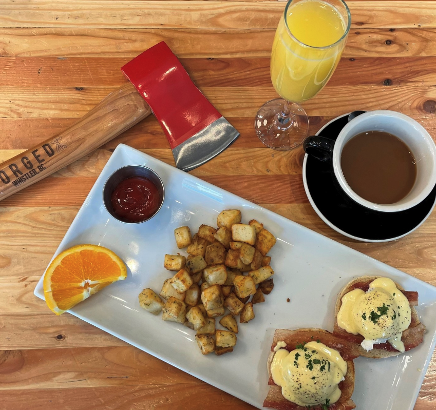 lumberjack lunch at Pod hotel a plate of food and a cup of coffee on a wooden table