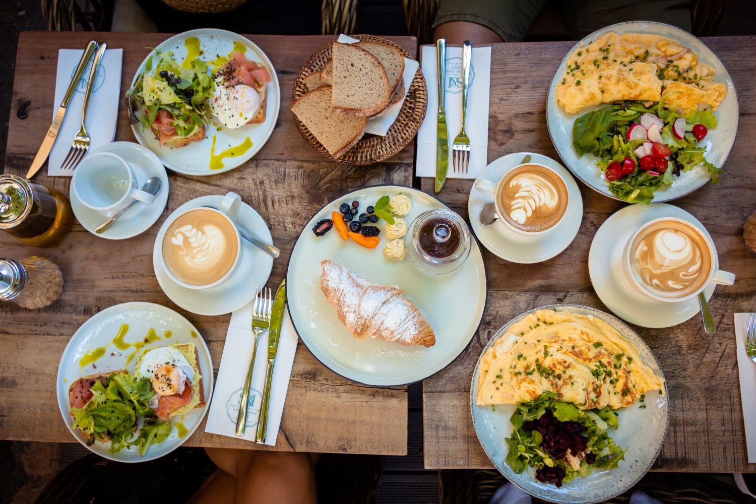 Big breakfast spread, laid out on a table