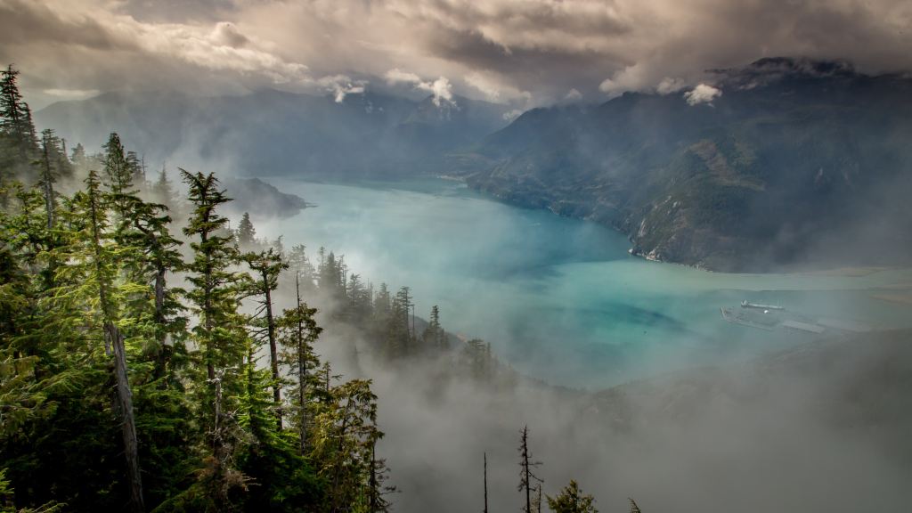An aerial view of Squamish and Howe Sound.