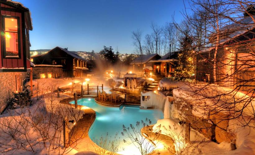 Night lit pools at Scandinave spa in Whistler