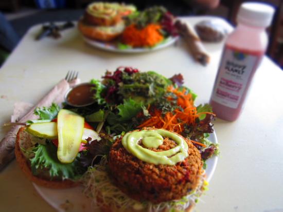 a veggie burger on a table at Zephyr Cafe in Squamish
