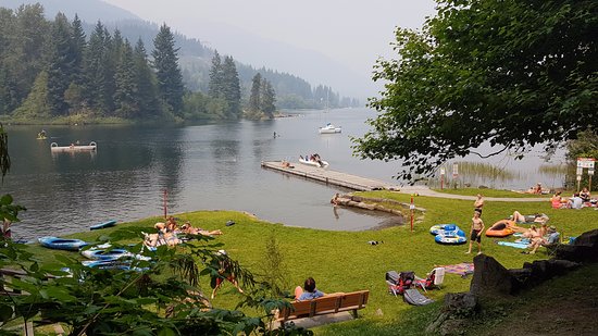 People hanging out on a lake shore in summer