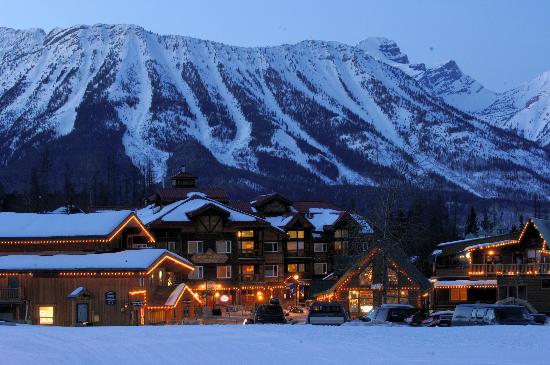 Fernie mountain resort, cabins, lights and ski runs in the back