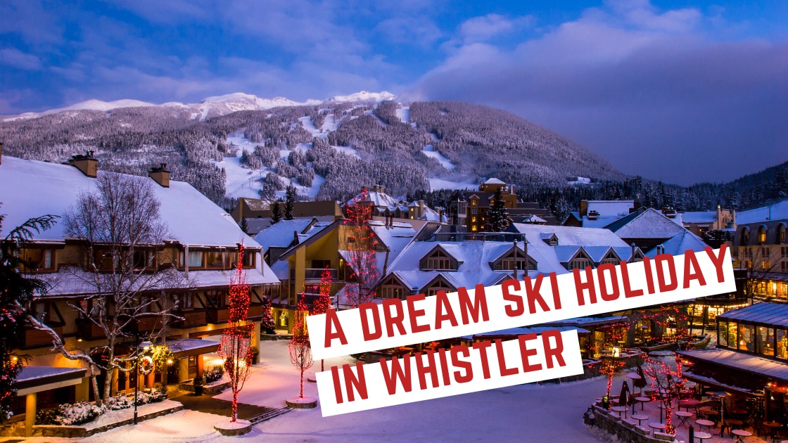 Whistler at dusk, ski hill in background.